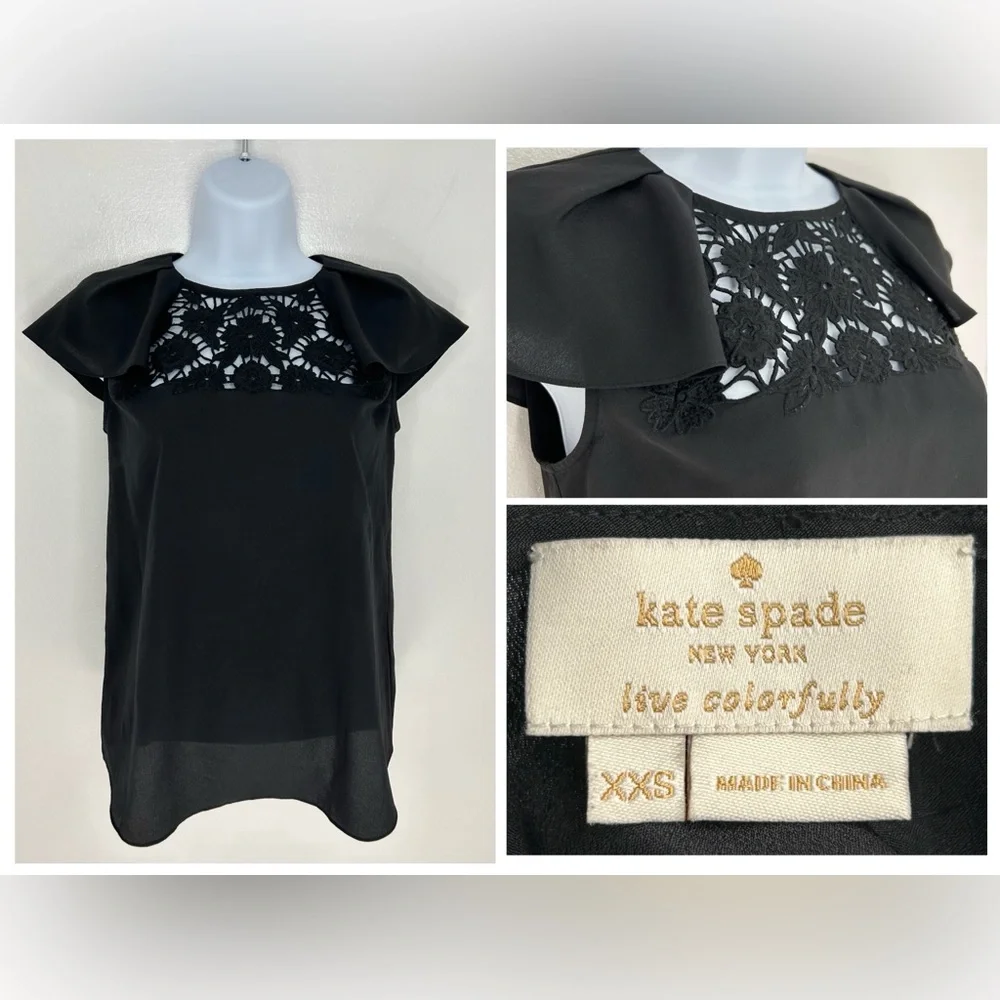 Kate Spade Flutter Sleeve Top Size XXS Black‎ Crochet Front Frilly Feminine
